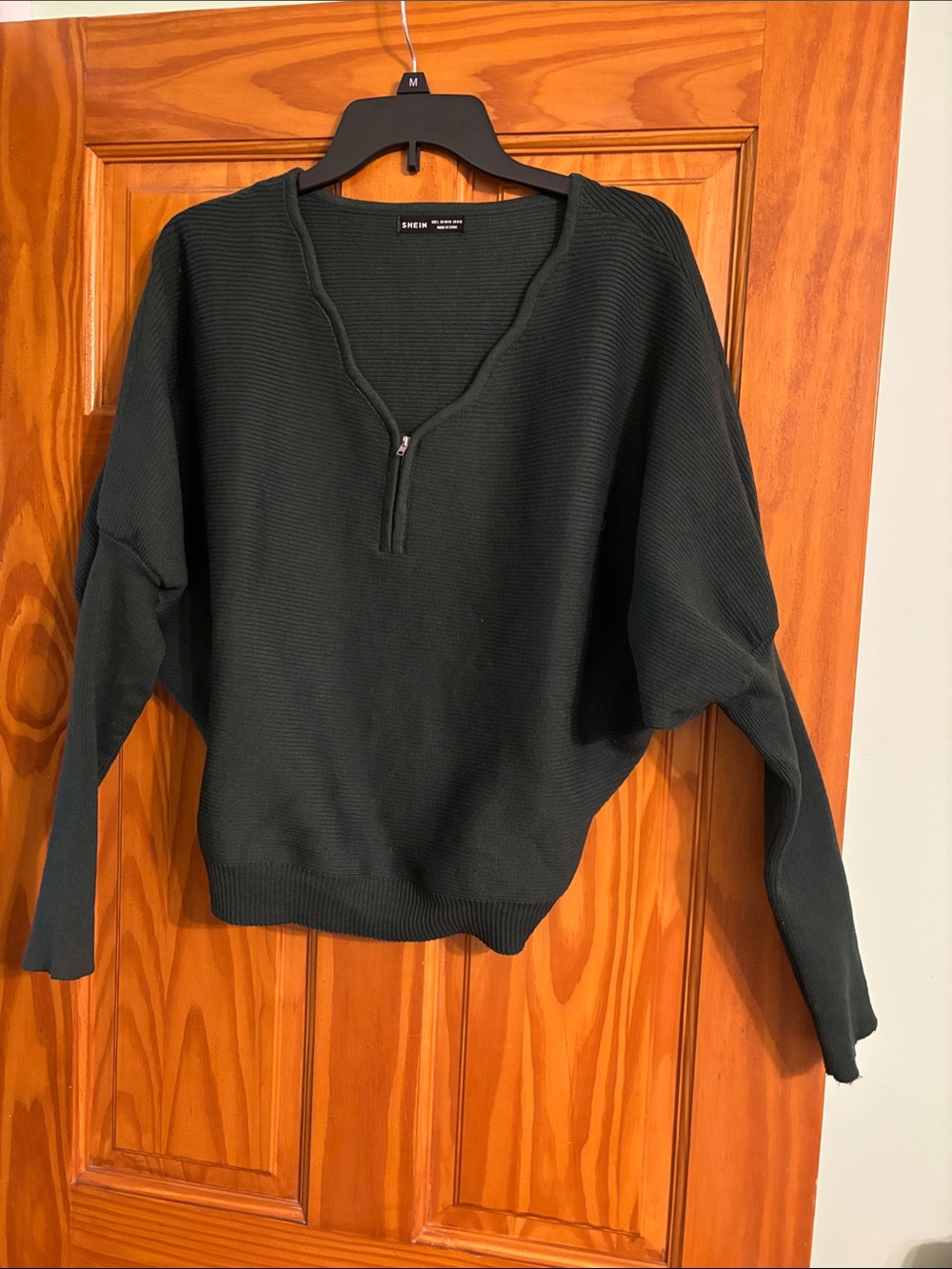 SHEIN Dark Green Ribbed V-Neck Half-Zip Sweater